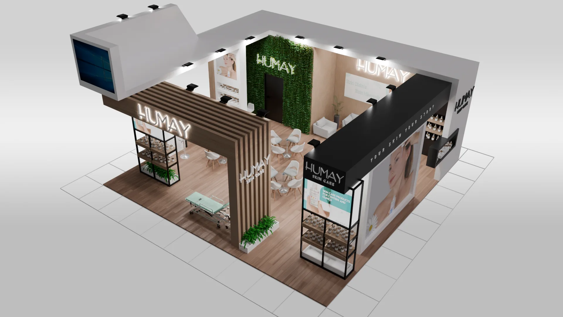 Humay Kozmetik stand tasarımının çapraz açı görünümü