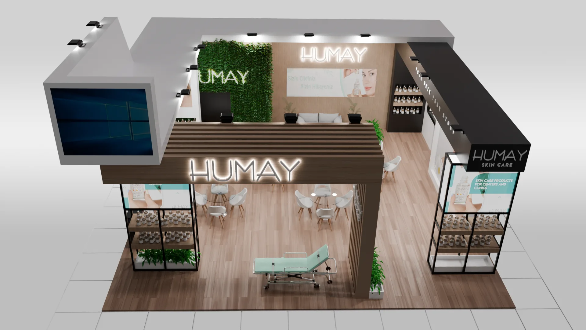 Humay Kozmetik stand tasarımının üst açı görünümü
