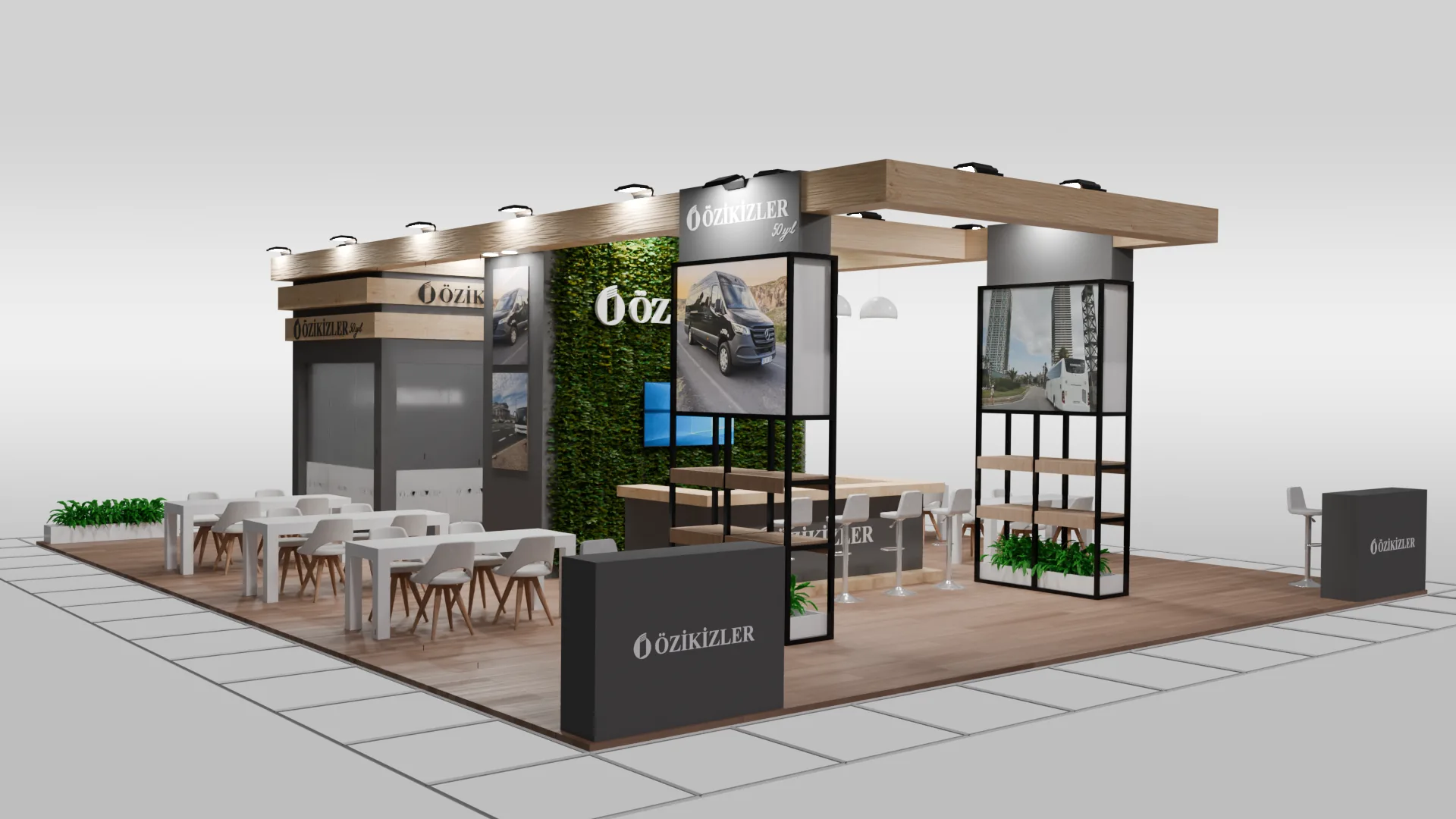 Özikizler Turizm stand tasarımının ön açı görünümü